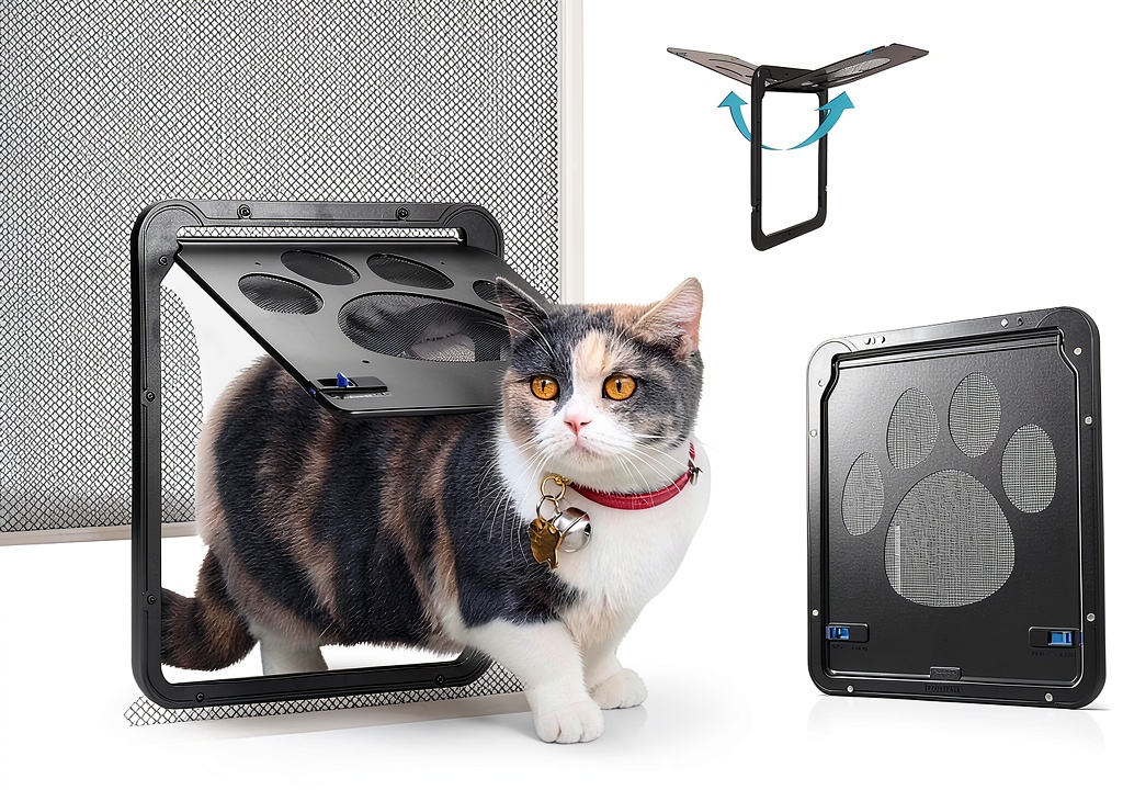 Installing Ownpets Small Dog Door, Automatic Close, Lockable, ABS on a wooden desk