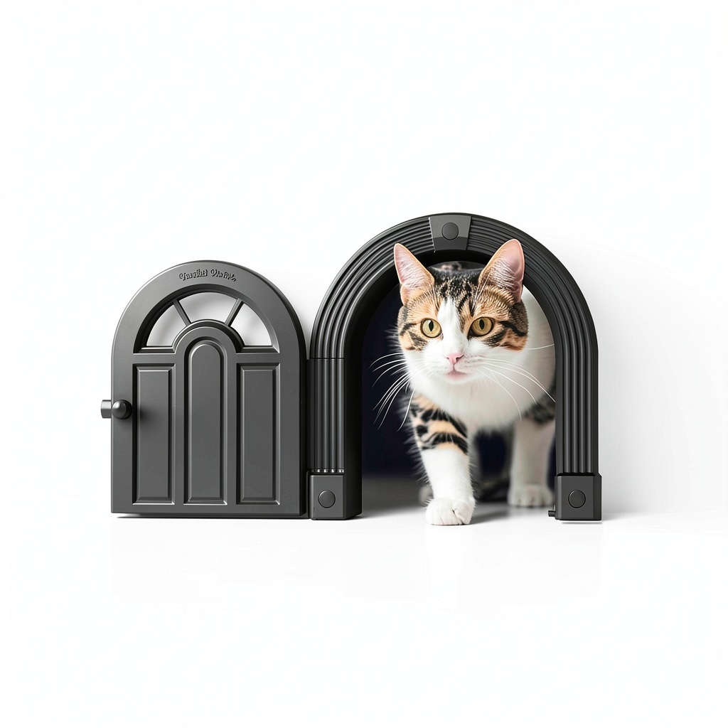 Meow Manor cat door installed on a wooden interior door